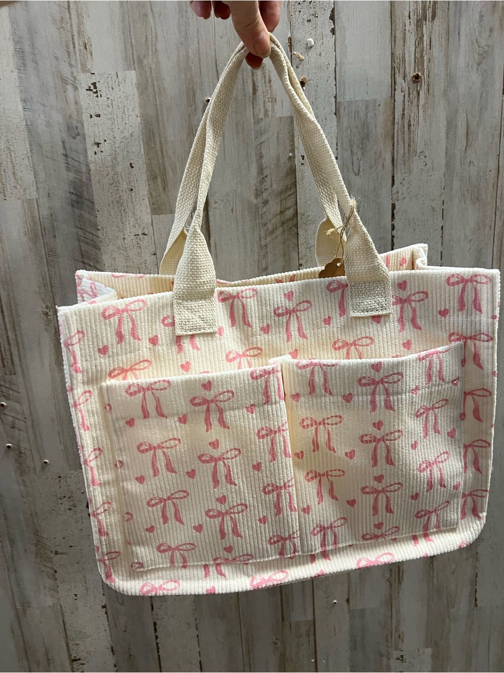 Cream & Pink Bow Pattern Tote Bag